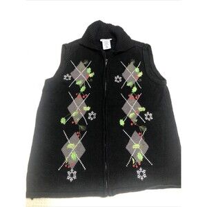 Blair Argyle Holly Berry Snowflake Zip Front Knit Sweater Vest Women's Small